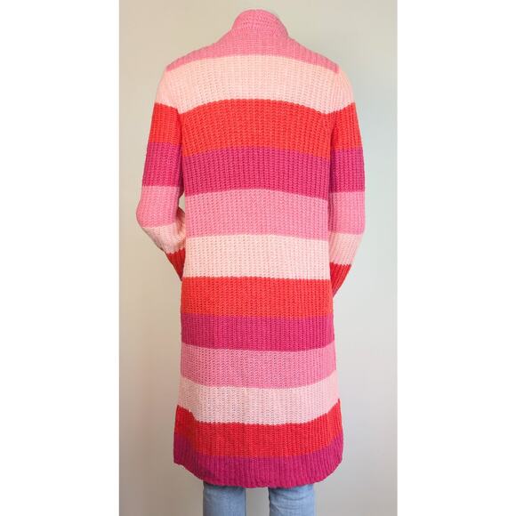 LOFT Red Pink Wide Stripe Open Cardigan Duster Fuzzy Sweater Pockets Size Large - Picture 7 of 9